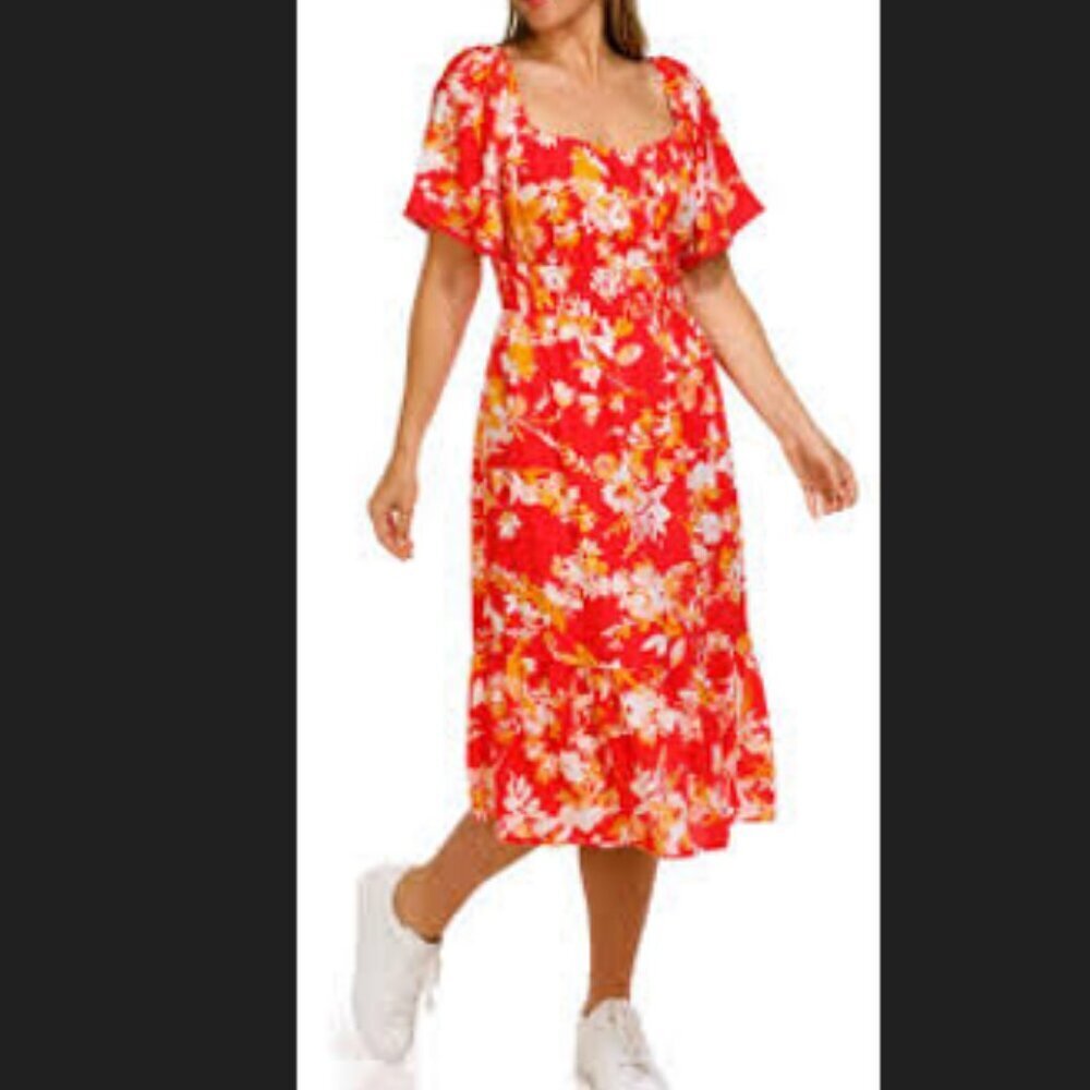Luxology Size XL Bright Coral Short Sleeve Floral Dress Excellent Used Condition